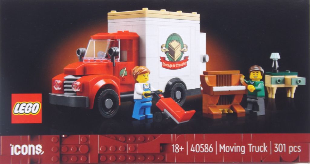 A LEGO Icons Moving Truck set is displayed on a black background, with the product packaging visible at the bottom.