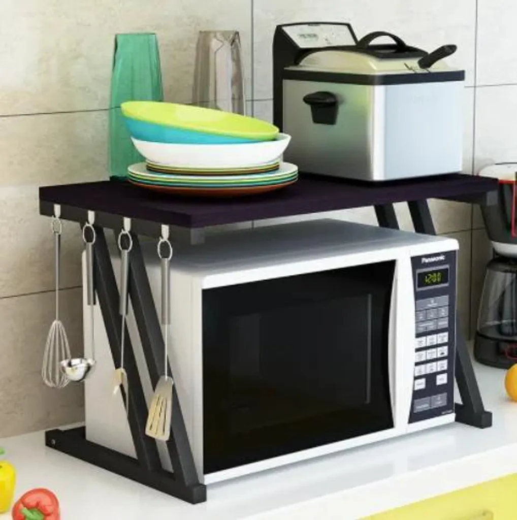 Étagère pour micro-ondes à 2 niveaux en bois gris clair pour cuisine