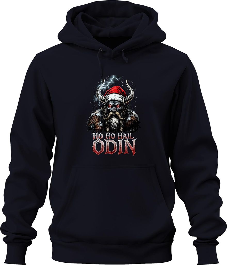 Ho Ho Hail Odin Wikinger Santa Hörner Bart Rote Augen Norse Metal Uni Hoodie Kapuzenpullover, Navy, S