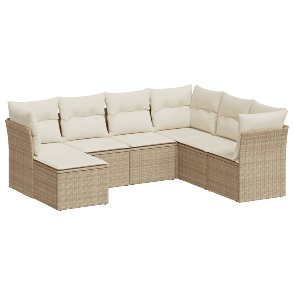 vidaXL 7-tlg. Garten-Sofagarnitur mit Kissen Beige Poly Rattan