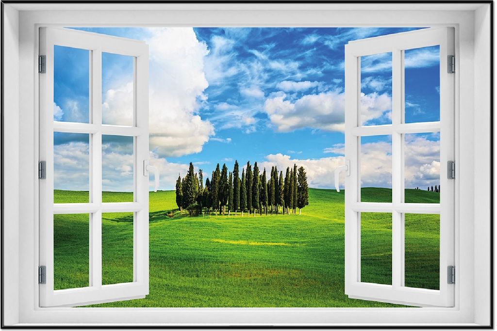 Wallario Wandbild mit Fenster-Illusion: Kleiner Wald inmitten einer weiten Wiese, Größe: 61 x 91,5 cm, Poster mit schwarzem Aluminiumrahmen
