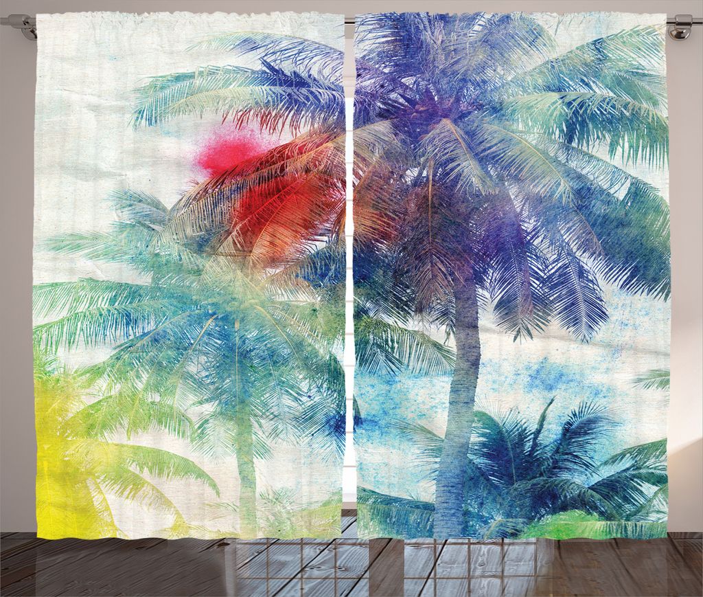 ABAKUHAUS Tropisch Rustikaler Gardine, Aquarell Palm Retro, Schlafzimmer Kräuselband Vorhang mit Schlaufen und Haken, 280 x 175 cm, Mehrfarbig