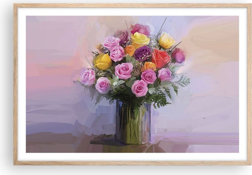 Gerahmtes Poster - Rahmen in heller Eiche - Blumen Vase Grafiken - 91,5x61 cm - Wand Bild - Wanddeko - Wandbilder - Wandposter - Bilderrahmen - Bil...