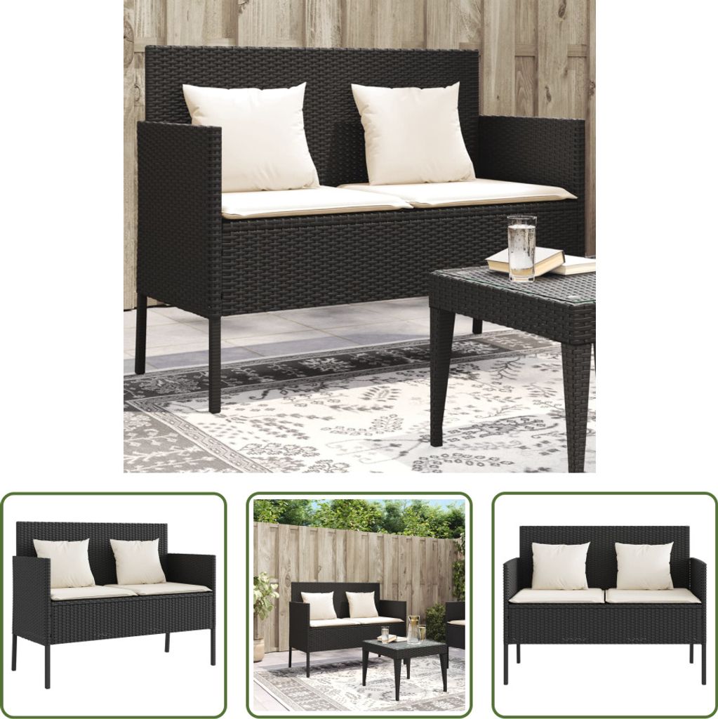 The Living Store Gartenbank mit Kissen Schwarz Poly Rattan