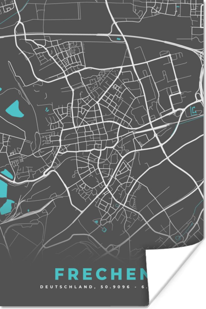 MuchoWow Poster Stadtplan - Frechen - Deutschland - Karte 60x90 cm - Wanddekoration