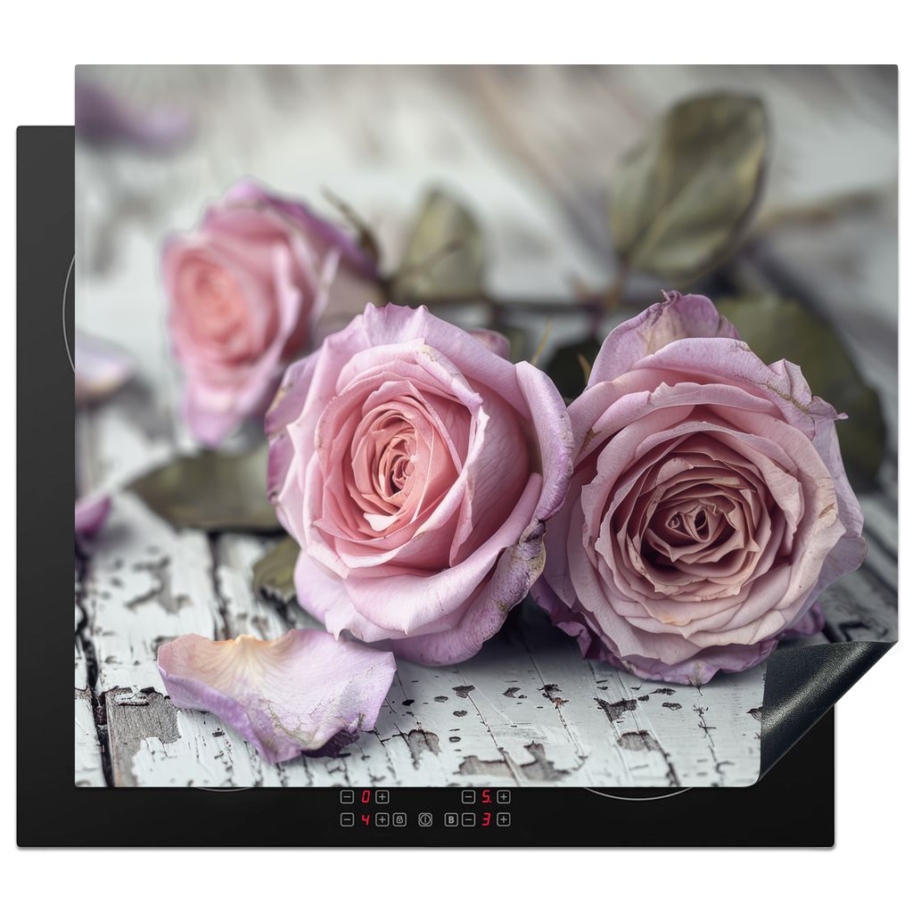 KitchenYeah Herdabdeckplatte Rosen - Vintage - Rosa - Holz , 59x51cm, Küche Deko, Glaskeramikkochfeld Herdabdeckung, Abdeckplatte fùr Kochfeld