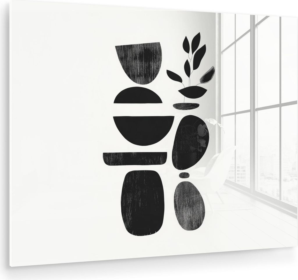 MuchoWow Glasbilder - Bilder auf Wandbild - Foto auf Glas Japandi - Schwarz - Abstrakt 80x60 cm Wanddekoration aus Glas - Acrylglasbild - Acrylbild...