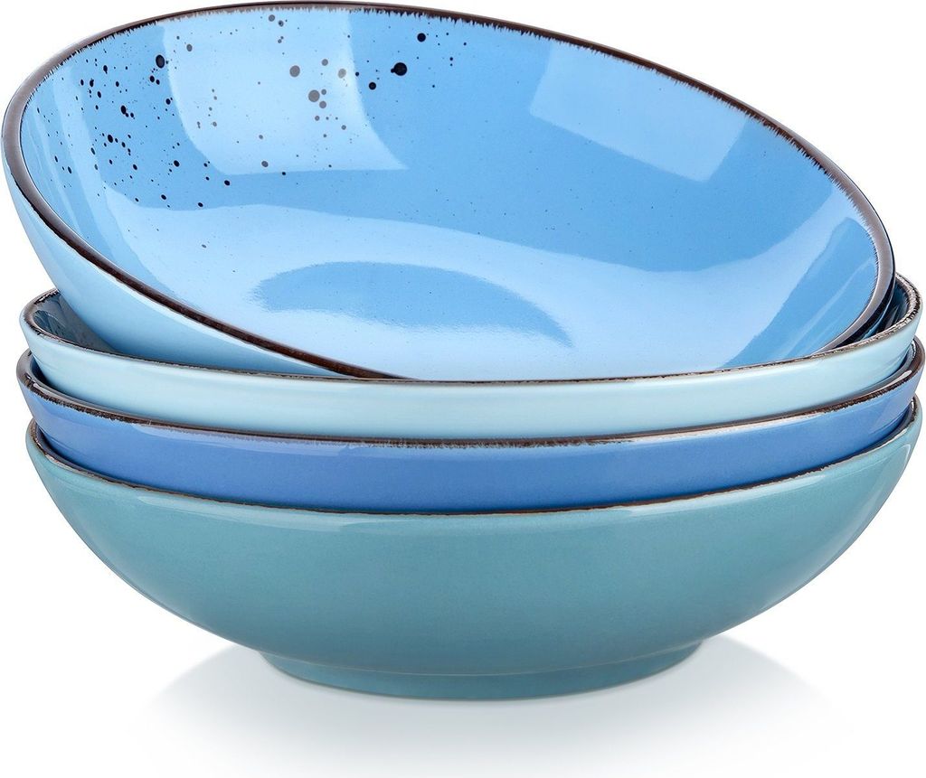 vancasso Navia Oceano Pastateller aus Steingut, 4 teilig Suppenteller Ø 20,3 cm, 900 ml Tiefteller in 4 Farbkombi (Hellblau, Dunkelblau, Wasserbla...