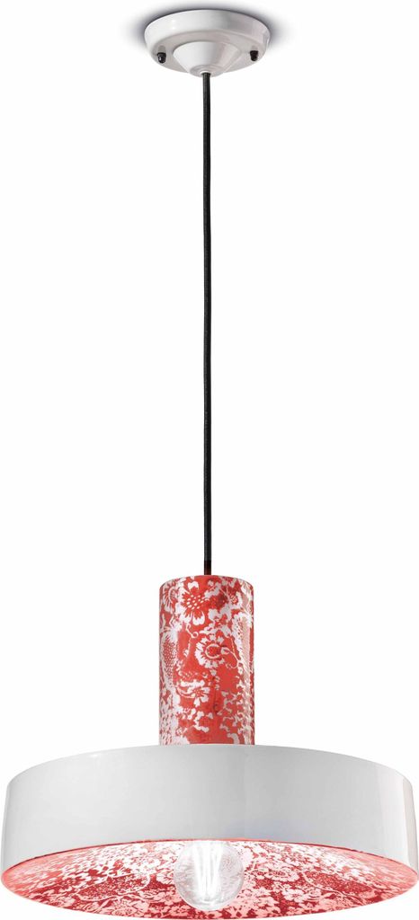Hängeleuchte Keramik rund Ø 35 cm H: max. 146 cm Rot Muster Weiß E27 Retro Keramikleuchte