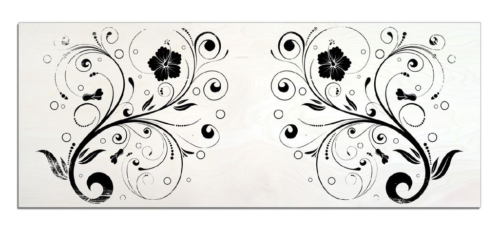Wallario Kunstdrucke Wandbilder Holz in : Brillante Farben, Größe 50 x 125 cm Motiv Schnörkelmuster in schwarz weiß mit Blumen und Kreisen