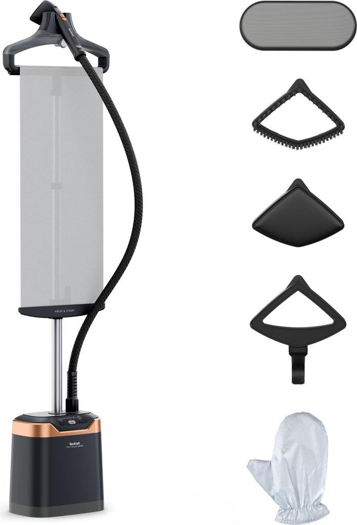 A garment steamer and its accessories are displayed against a white background.