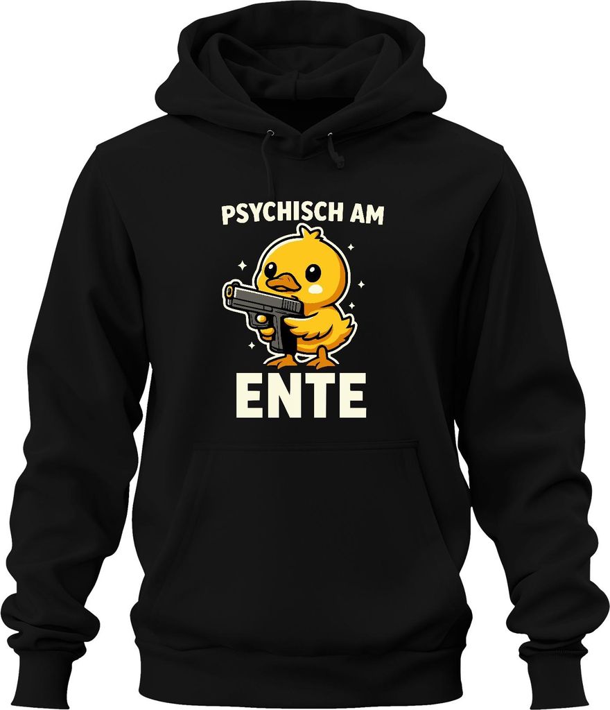 Psychisch am Ente Entchen mit Pistole Lustig Meme Frech Gag Retro Uni Hoodie Kapuzenpullover, Schwarz, L