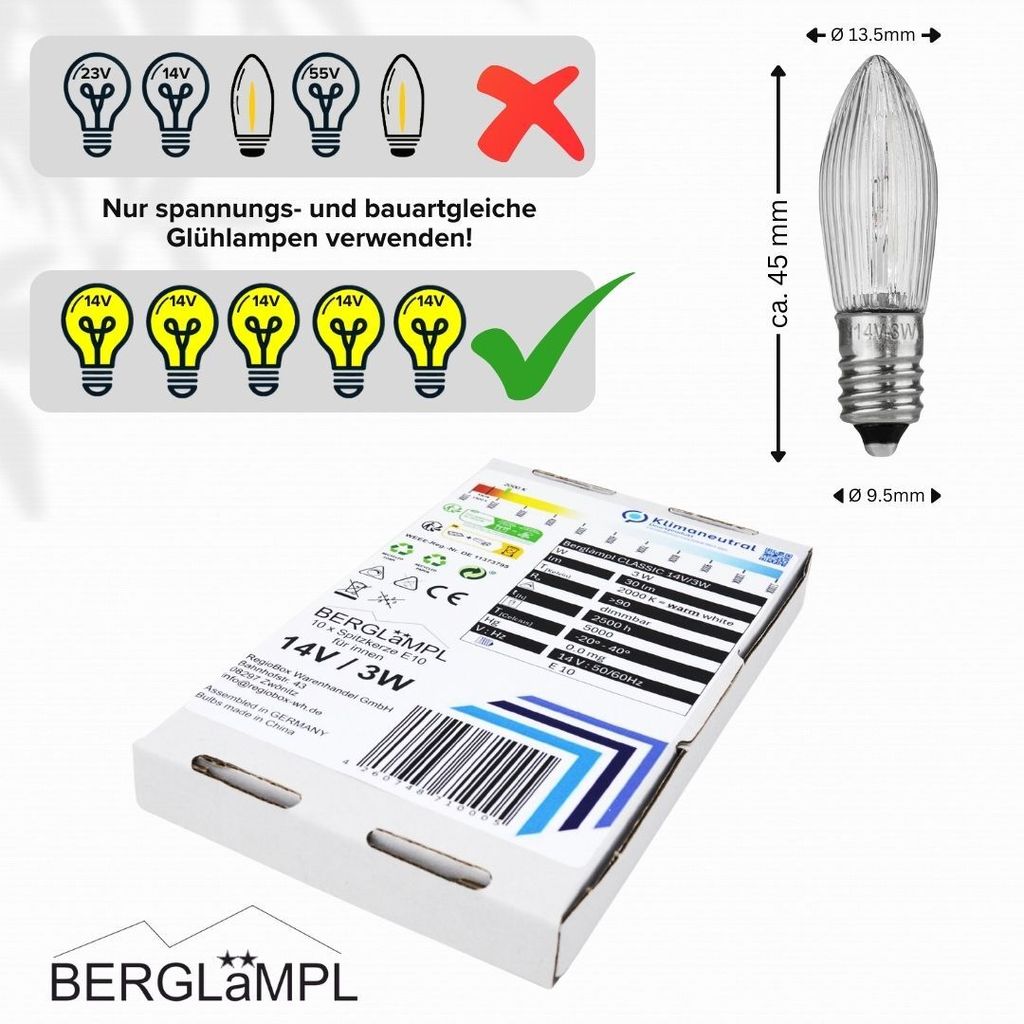 10x Stück E10 14V/3W Ersatzlampe für Schwibbogen, Produktbild 4