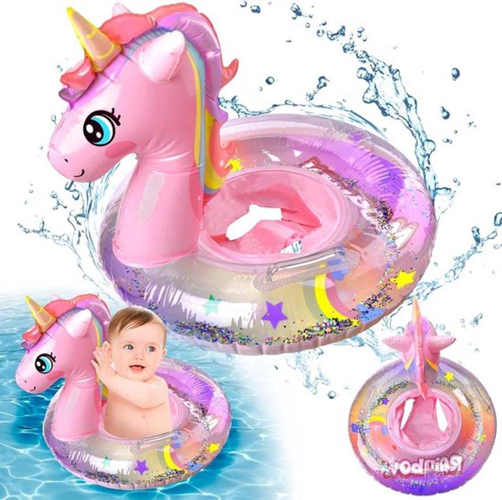 Sichere Baby Schwimmhilfe mit Sitz, aufblasbarer Einhorn Schwimmring mit doppelten Griffen, Schwimmhilfe für Kleinkinder von