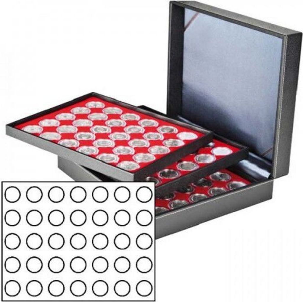 Lindner 2365-2111E Münzkassette NERA XL mit 3 Tableaus und hellroten Münzeinlagen für 105 Münzen mit Ø 32,5 mm, z.B. für deutsche 20 Euro- bz...