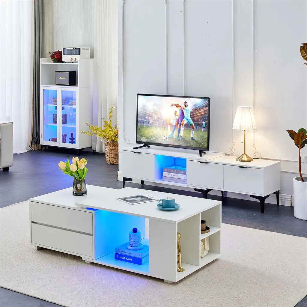 CLIPOP Table basse extensible blanche LED - 4 Tiroirs et Étagère Bois