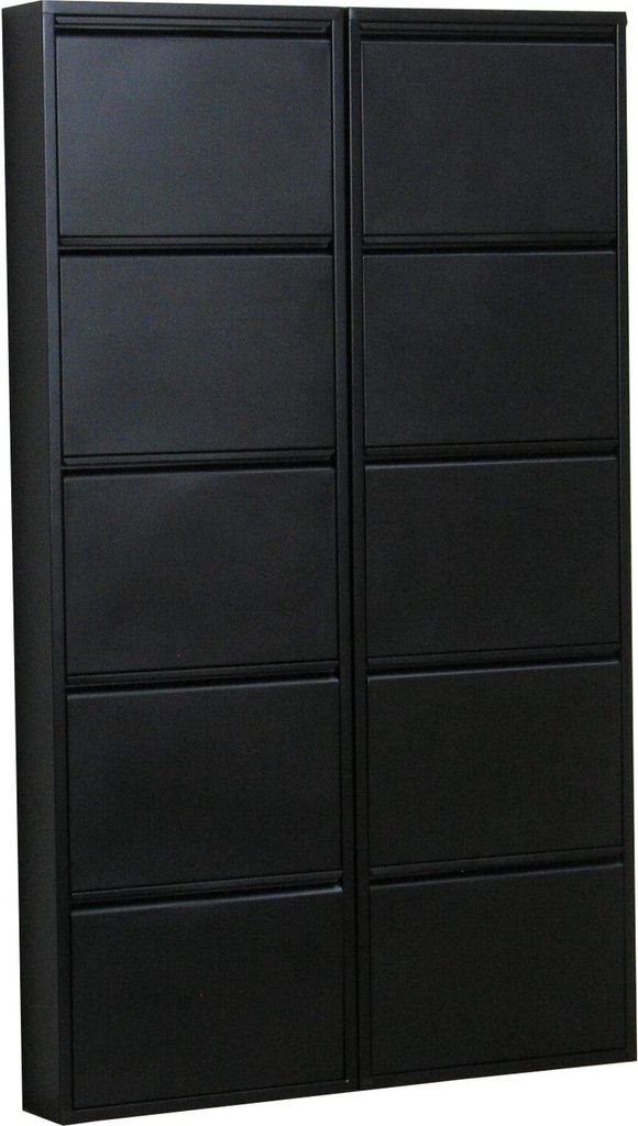 A black shoe cabinet with 10 doors.