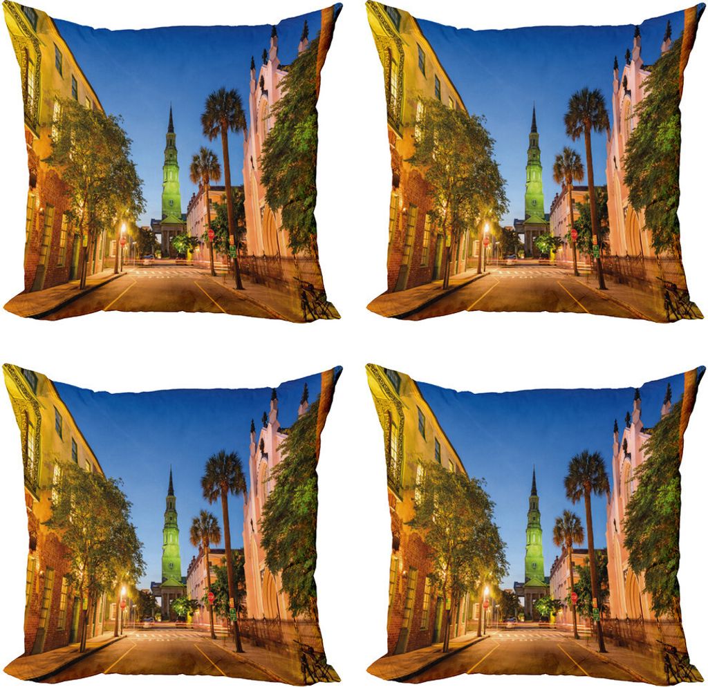 ABAKUHAUS Charleston Kissenbezug Set (4 Stück), Straße bei Sonnenuntergang Szene, Moderner Doppelseitiger Digitaldruck, 45 cm x 45 cm, Mehrfarbig