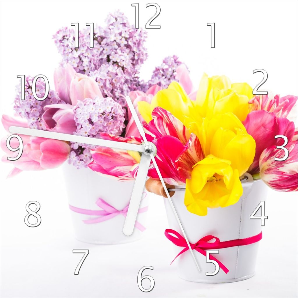 Wallario Design Wanduhr Zwei Blumen-Bouquets aus gelben und roten Tulpen und Flieder aus Echtglas, Größe 20 x 20 cm