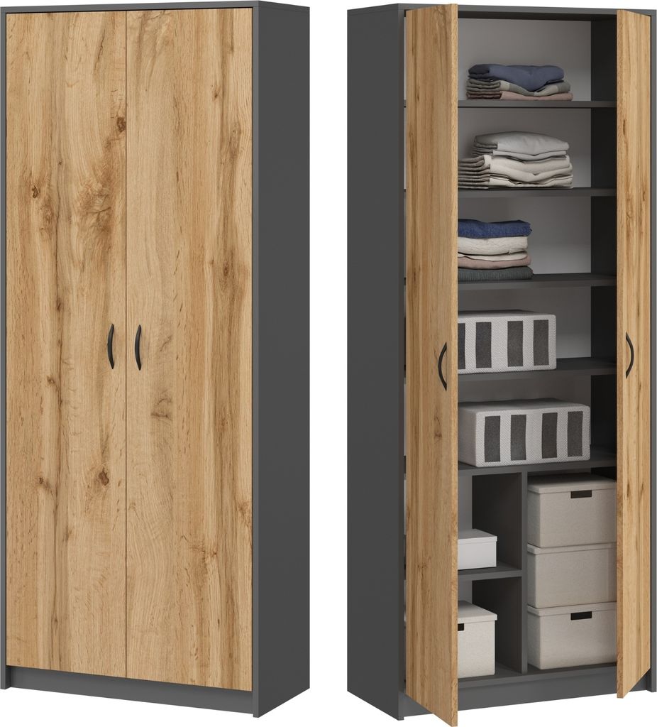 Kleiderschrank Mehrzweckschrank Regal 74cm breit 180cm hoch Aktenschrank mit sechs Einlegeböden und Extra-Fach, Haushaltsschrank in grau