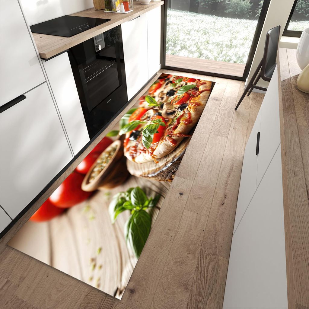 Küchenteppich 80x280cm rutschfest & abwischbar PVC Läufer - Pizza im Holzofen