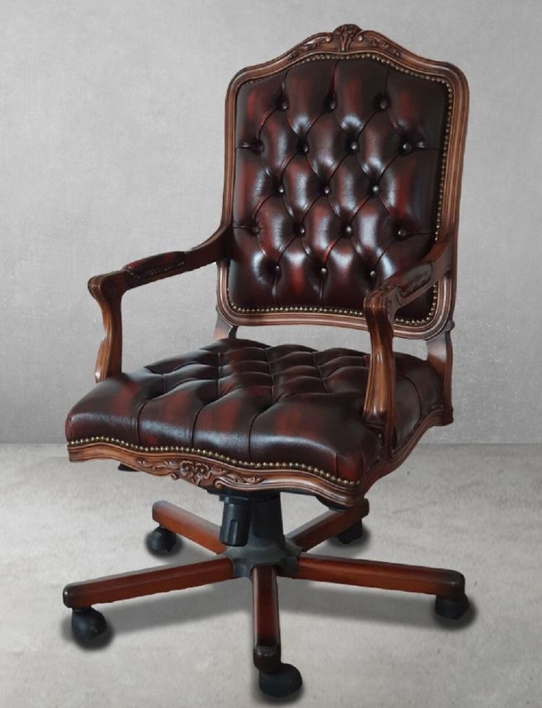 Casa Padrino Luxus Barock Chesterfield Leder Schreibtischstuhl Weinrot / Braun / Schwarz - Höhenverstellbarer Barock Bürostuhl mit hochwertigem E...