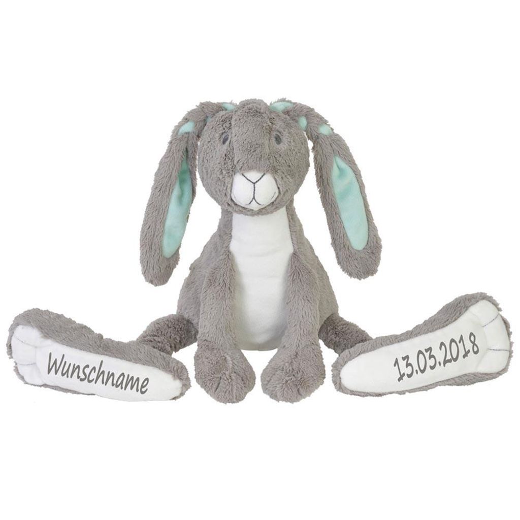 Stofftier Hase mit großen Füßchen mit Namen und Geburtsdatum personalisiert Geschenk grau.Größe:42cm