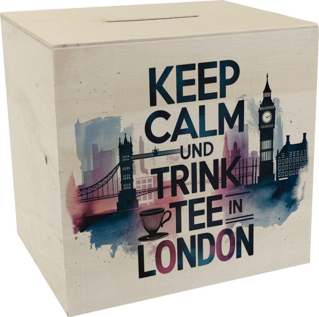 KEEP CALM UND TRINK TEE Spardose aus Holz London Produktbild 