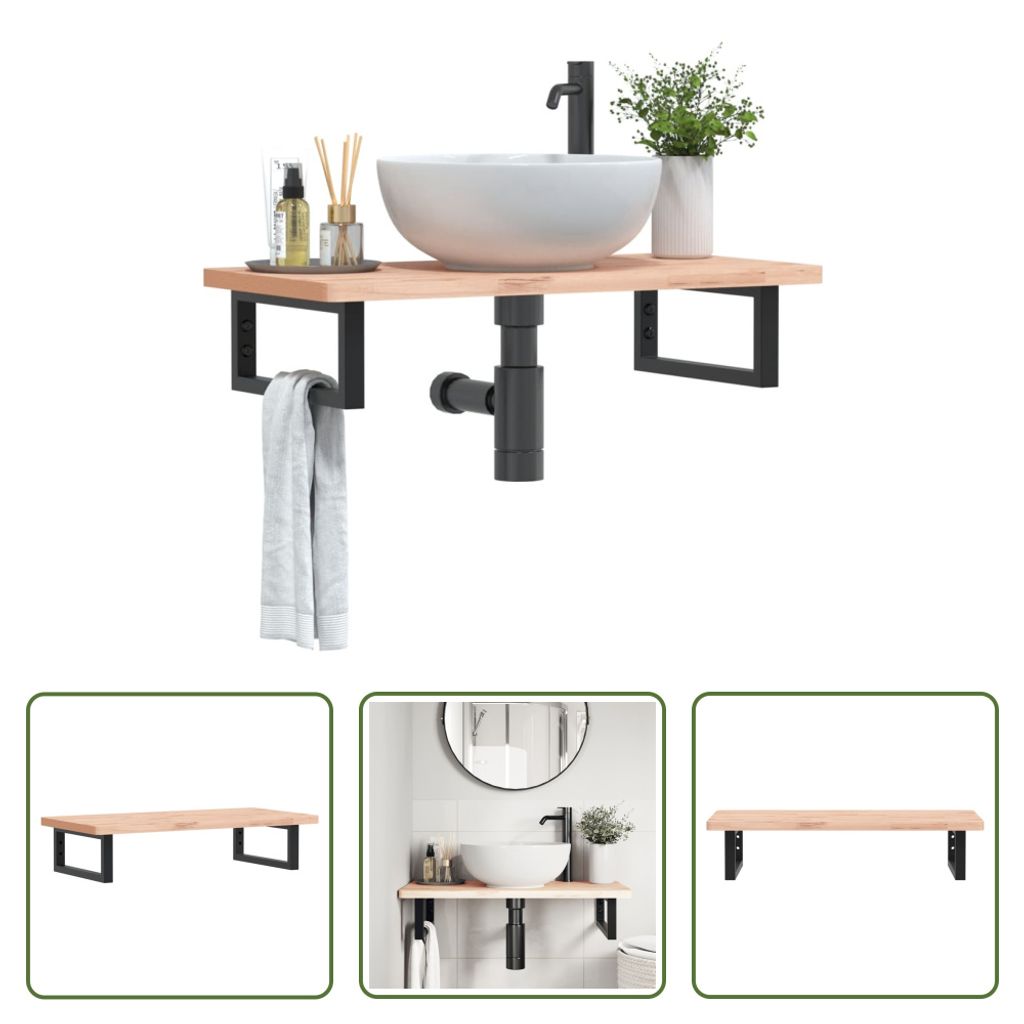 The Living Store Waschbeckenregal Wandmontage Stahl und Massivholz Buche