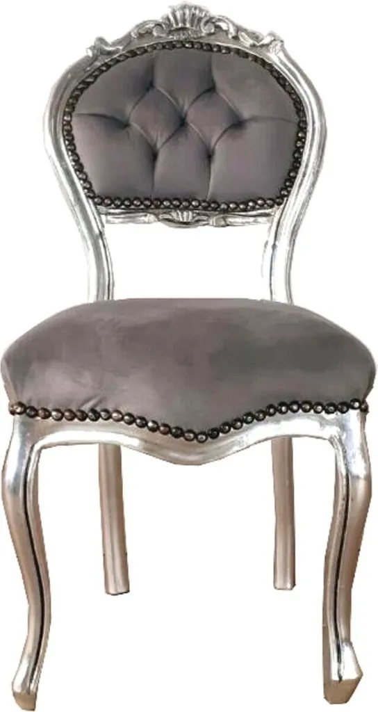 Petite Chaise Baroque Faite Main Velours Gris et Argent pour Coiffeuse