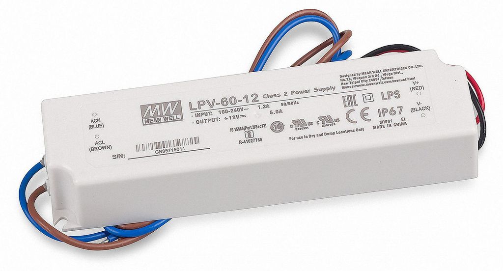 Mean Well LPV-60-12 SNT  12V/DC/0-5A/ 60W IP67 Produktbild 