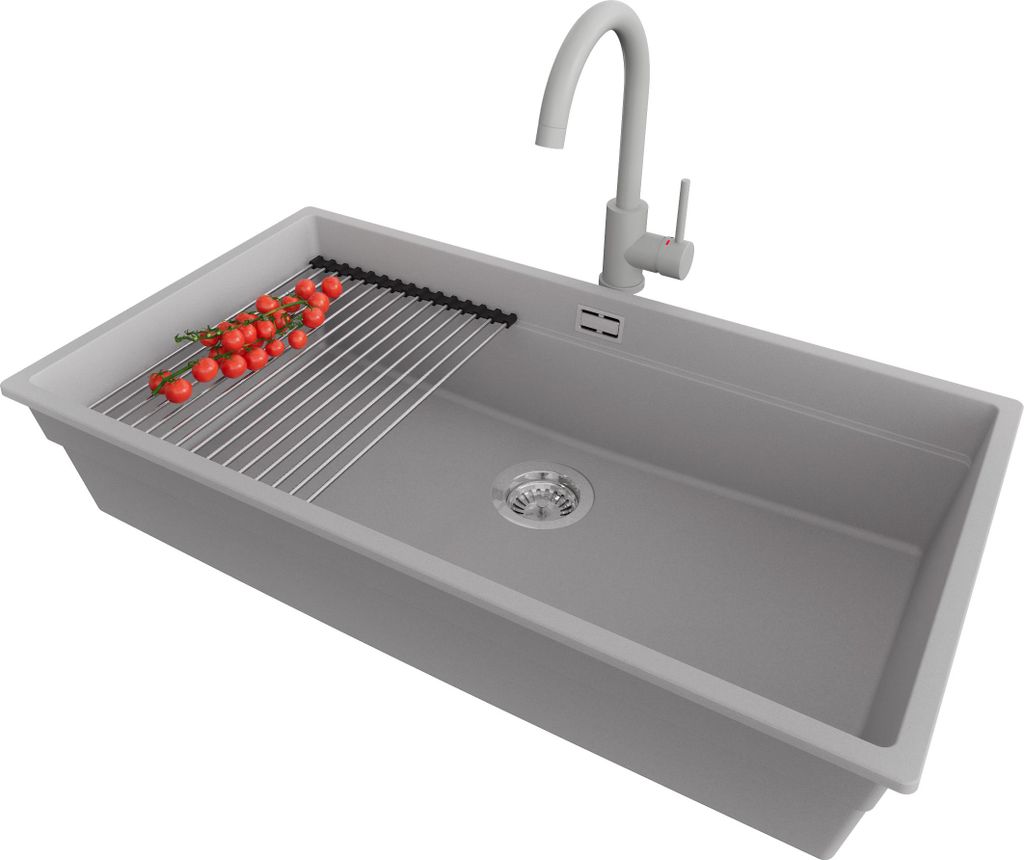 PRIMAGRAN Granitspüle Grau 86x47cm, Spülbecken 1 Becken + Küchenarmatur 32x20cm + Ablauf-Set + Küchenzubehörset, Küchenspüle ab 90er Untersc...