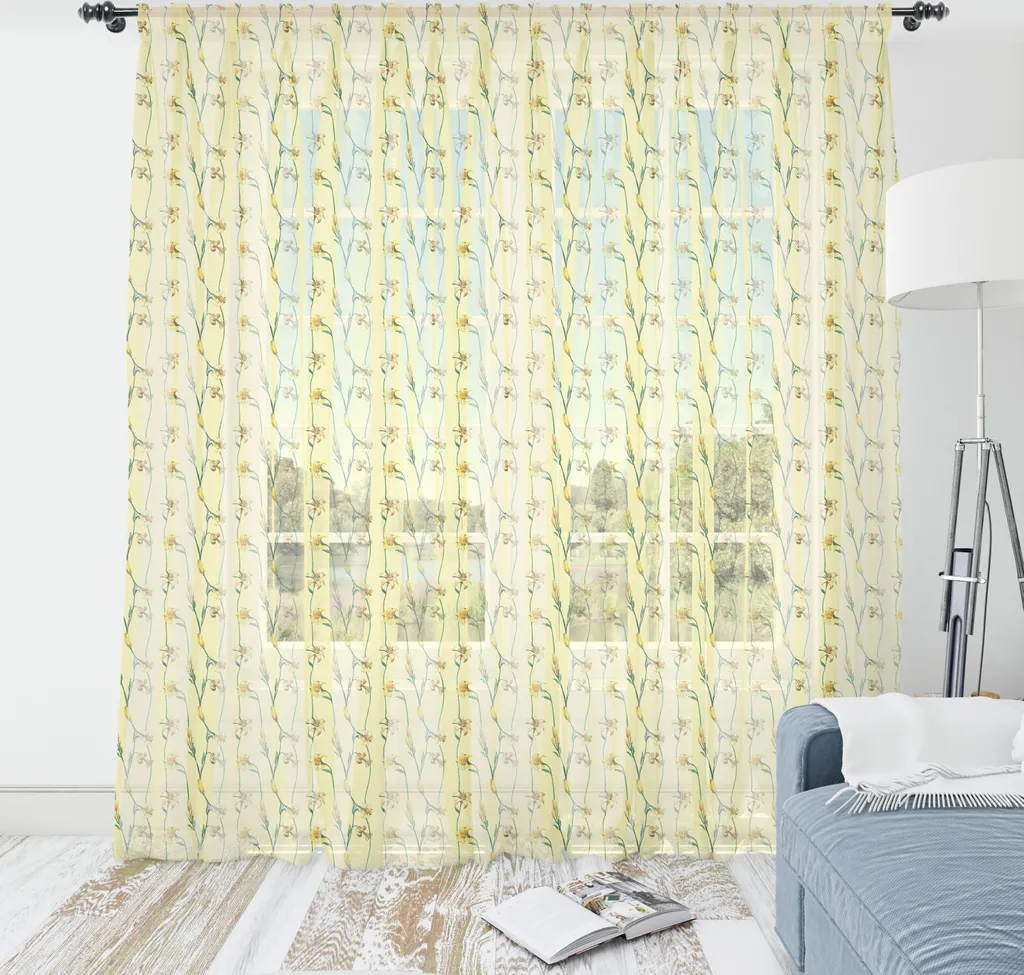 ABAKUHAUS Arazzo floreale, Buttercup Daffodil Branchi Shabby Wirbler Arte floreale, Soggiorno Camera da letto Tessuto da parete in raso setoso, 274 cm x 274 cm, Verde cacciatore Giallo pallido