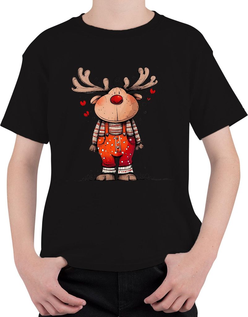 Rudolf Rentier Weihnachten Latzhose Herzen Niedlich Retro Uni Kinder T-Shirt, Schwarz, 128