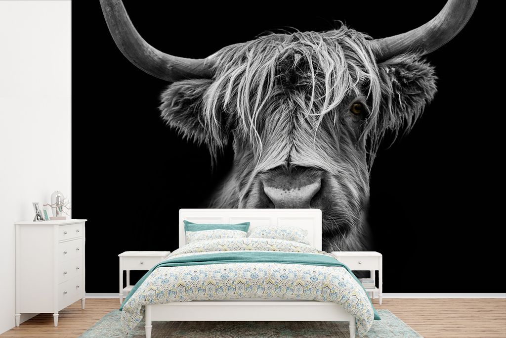 MuchoWow Fototapete für Wohnzimmer oder Schlafzimmer Wandtapete Vinyl Motivtapete Schottischer Highlander - Hörner - Schwarz - Weiß - Kuh - Wi...