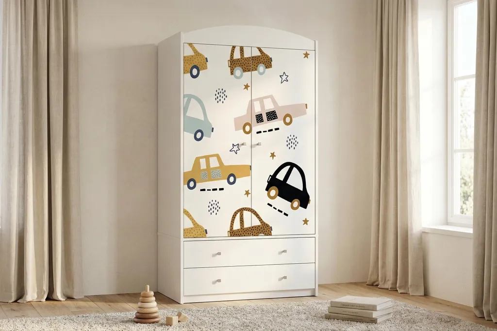 Armoire enfant blanche 2 portes avec tringle et stickers voitures