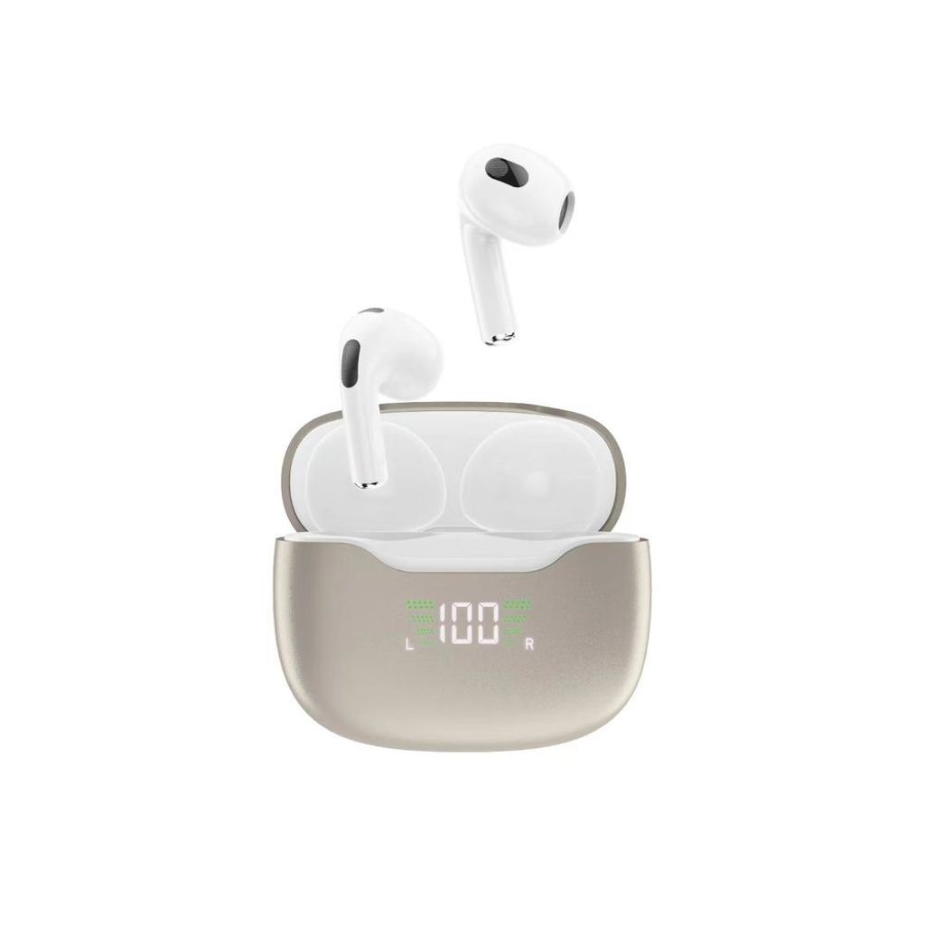 A pair of white wireless earbuds and their charging case are displayed against a white background. The charging case has a digital display showing '100'.