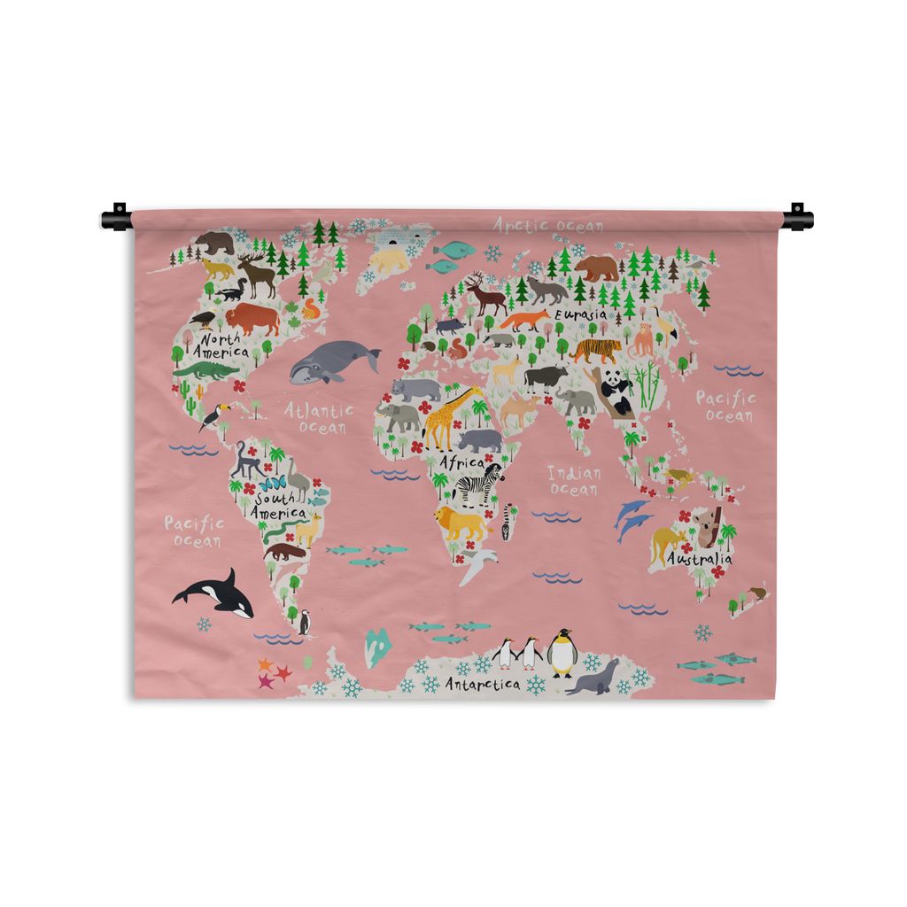 MuchoWow Wandteppich Wandbehang Weltkarte - Kinder - Rosa - Tiere 120x90 cm Tapisserie Dekoration Wandtuch - Wohnen - Aufhänger für die Wand