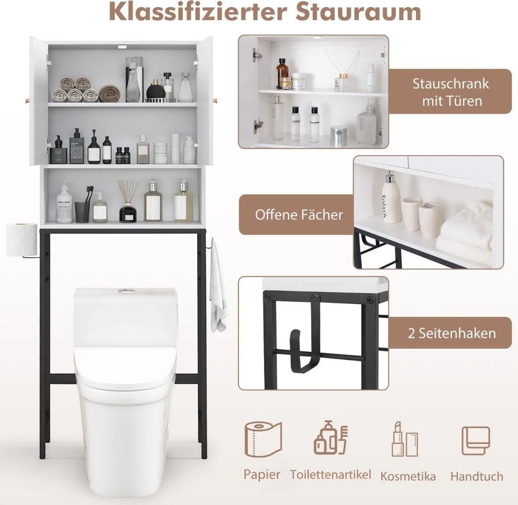 Meuble de toilette blanc 63x23x165,5 cm avec 2 portes et crochets