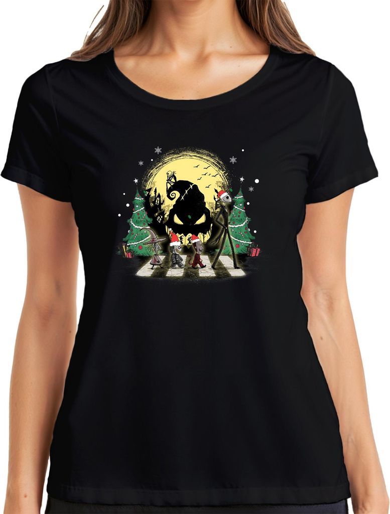 Jack Skellington Halloween Weihnachten Skelett Mond Tannenbaum Damen T-Shirt, Schwarz, XL