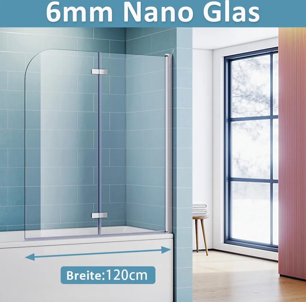 SONNI Pare-baignoire 120x140 cm en verre de sécurité Nano avec pivot