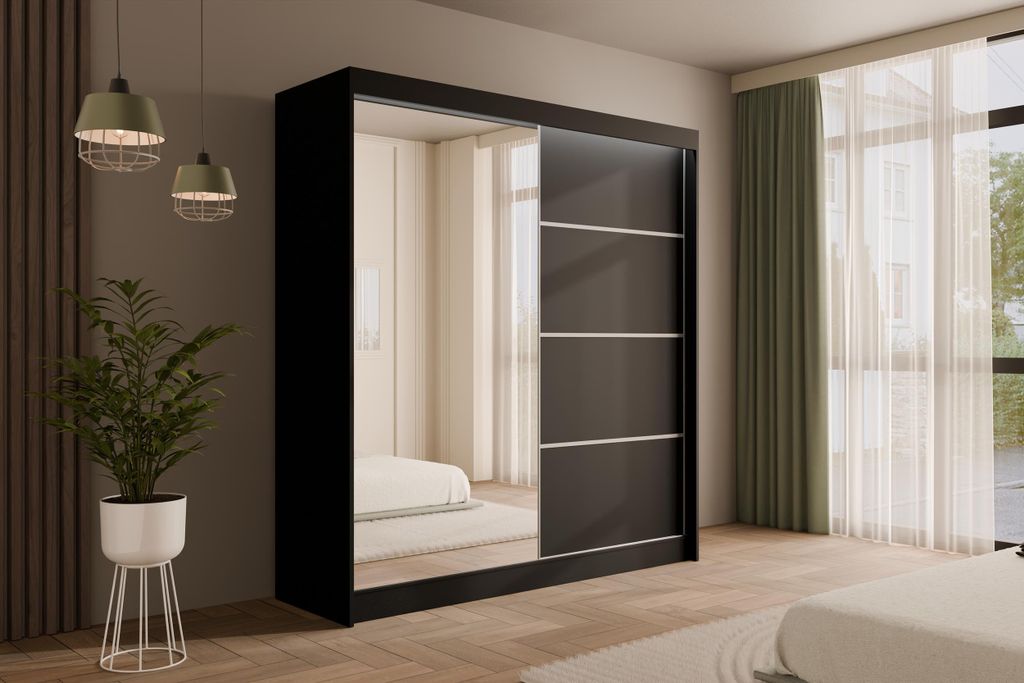ALTDECOR Kleiderschrank mit Spiegel und Schiebetüren, kugelgelagerte Führungsschienen und Aluminium-Leisten, LED-Beleuchtung (weiß + 16 Farben) ...