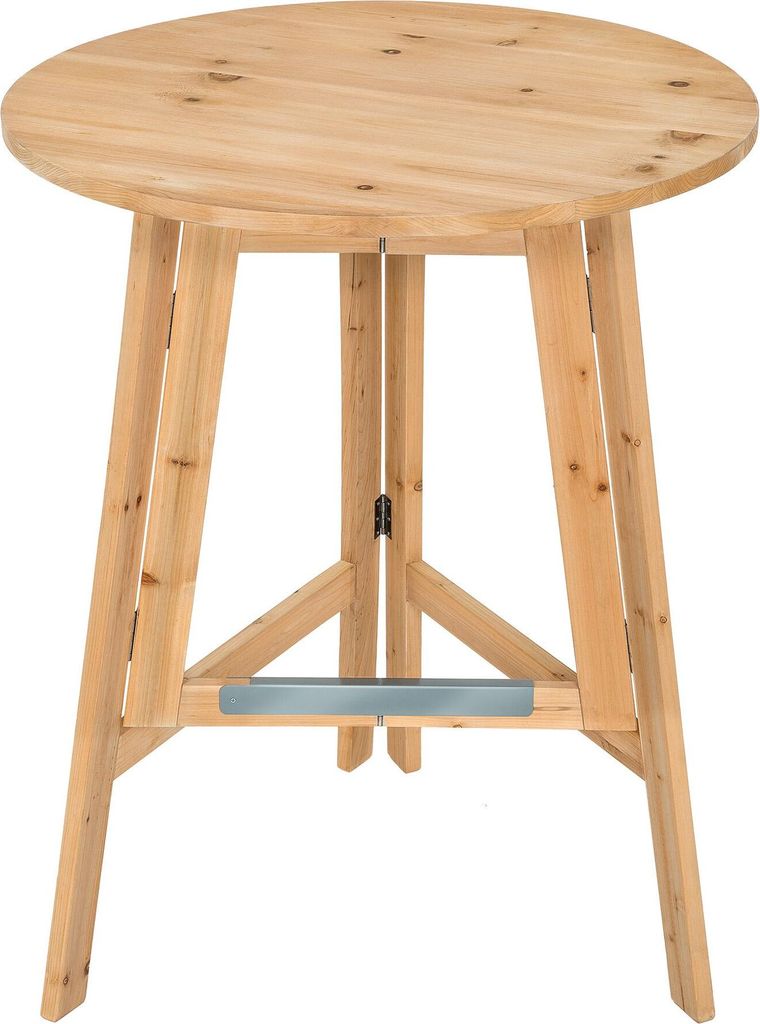 A round wooden bar table with a metal stabilization rail.