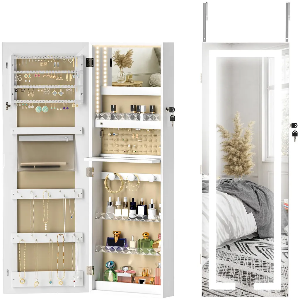 Armoire à bijoux verrouillable avec LED intérieur et grand miroir blanc