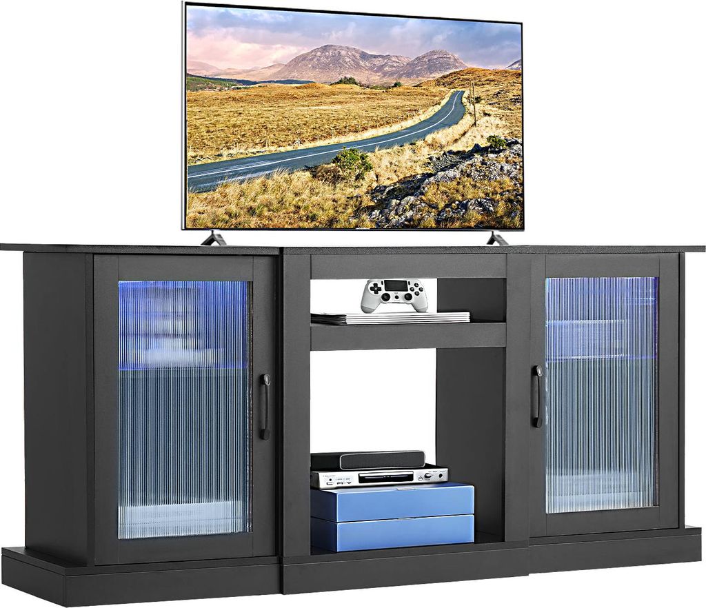 VEVOR TV-Ständer für Fernseher bis zu 65 Zoll, TV Tisch mit Lichtleiste, TV-Schrank aus Holz mit Türen & verstellbaren Regalen, Konsolentisch Fe...