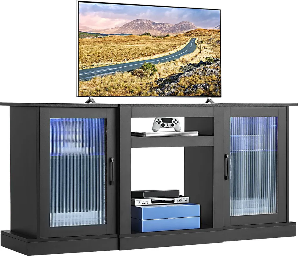 Meuble TV avec bande lumineuse LED et étagères réglables en bois