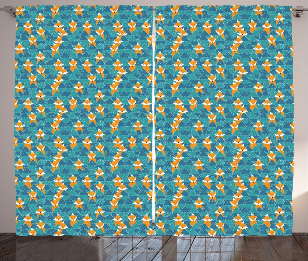 Rideau Rustique Orange et Bleu Marine avec Boucles et Crochets 280cm