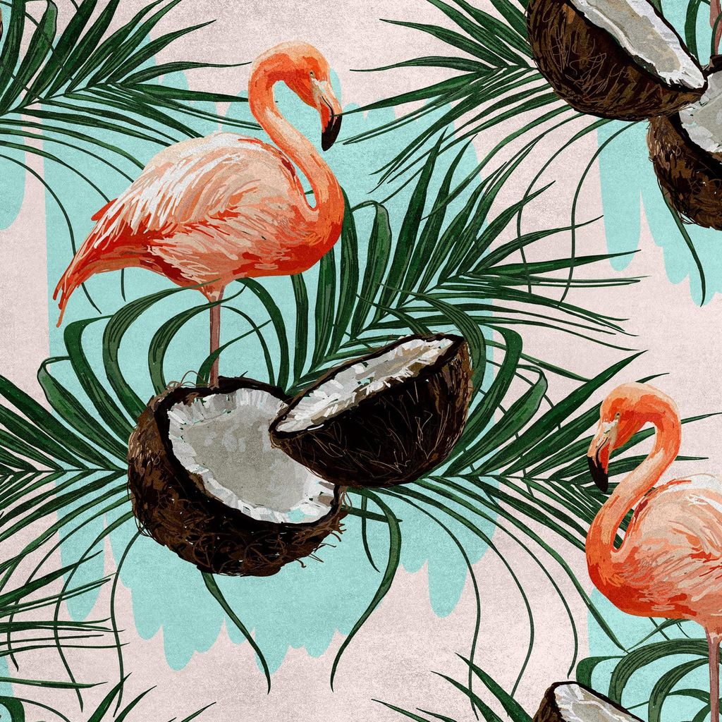 Royal Samt Stoff Polyester Zum Nähen - Motiv Flamingo und Kokosnuss