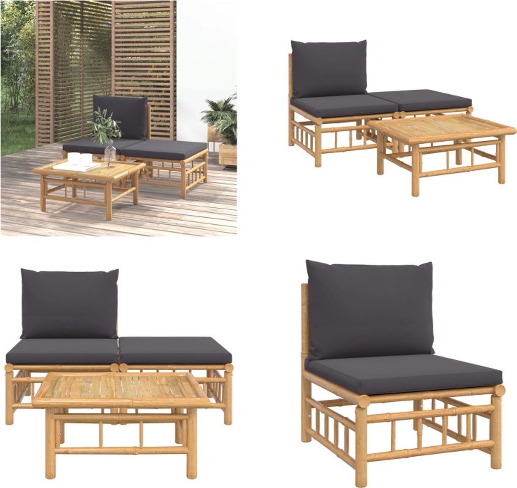 vidaXL 3 tlg. Garten Lounge Set mit Dunkelgrauen Kissen Bambus - Garten Lounge Set - Garten Lounge Sets - Lounge Set - Gartenmöbel Set