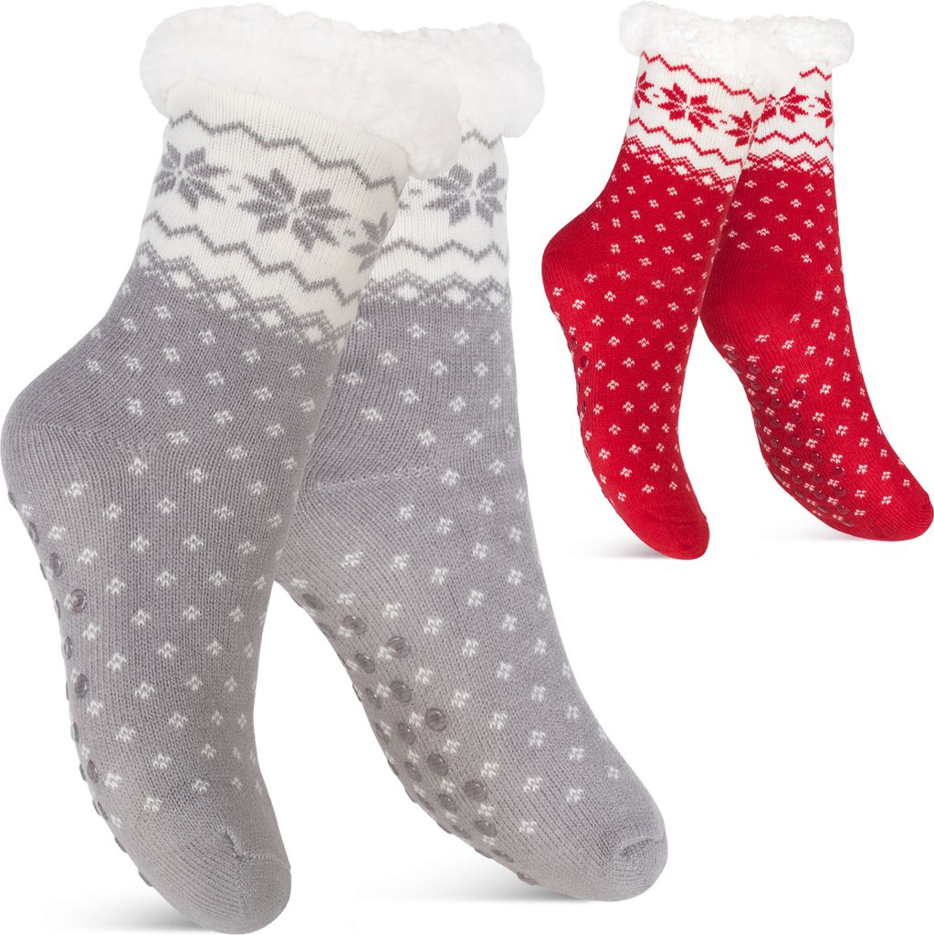 Footstar Damen und Herren Winter Haussocken (2 Paar) Kuschelsocken - Grau-Rot 35-38